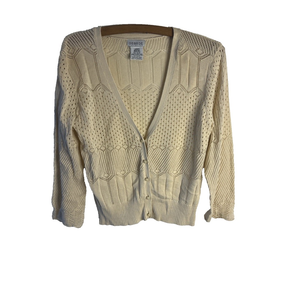 Vtg Y2K Cream V Neck Cable Knit Sweater M Cottage Boho Granny Button Classy Prep
